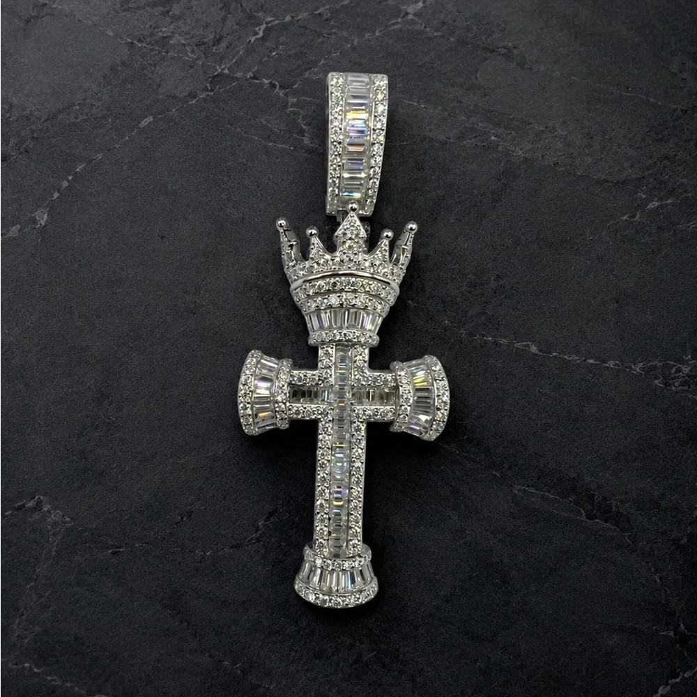 Men's 925 Sterling Silver Crown Cross Pendant 3.80CTW MOISSANITE